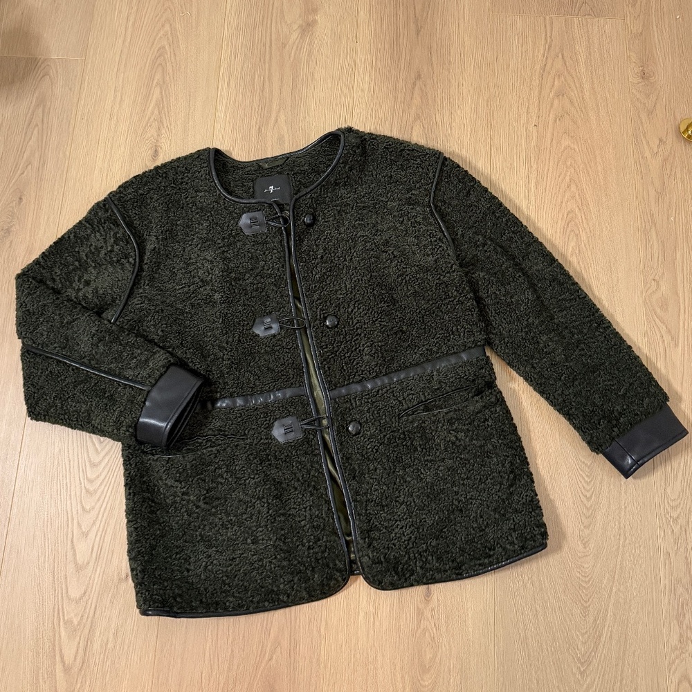 7 For All Mankind Olive Sherpa Toggle Coat Jacket Size M